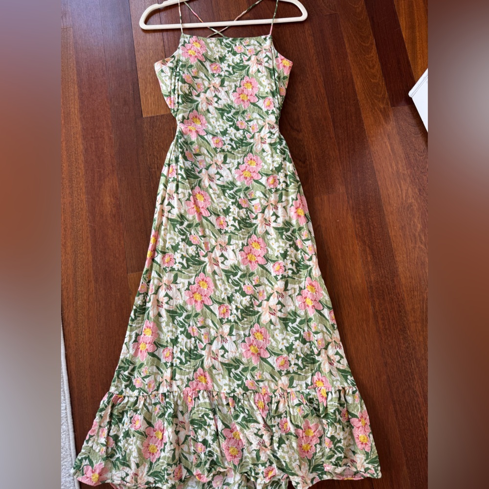 SAGE the label dress. Pink and green floral. Criss cross open back